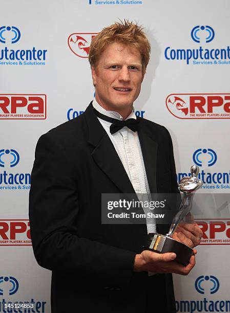 Hugh Vyvyan of Saracens poses with the TAG Heuer Special Merit Award during the RPA Computacenter Rugby Players Awards 2012 at the Grosvenor Hotel on...