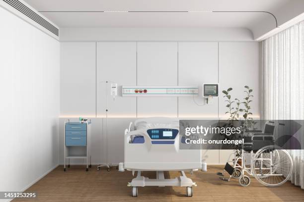 modern hospital room interior with empty bed, wheelchair, drawer and potted plant - ala-hospitalar imagens e fotografias de stock