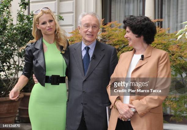 Michelle Hunziker, Giovanni Bazoli and President of FAI Ilaria Borletti Buitoni attend the "I Luoghi del Cuore" press conference on May 23, 2012 in...