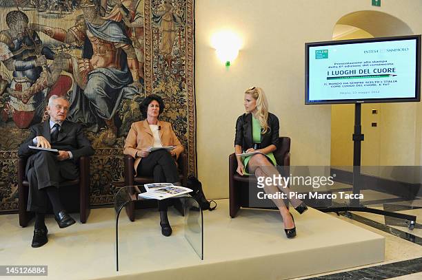 Giovanni Bazoli, President of FAI Ilaria Borletti Buitoni and Michelle Hunziker attend the "I Luoghi del Cuore" press conference on May 23, 2012 in...