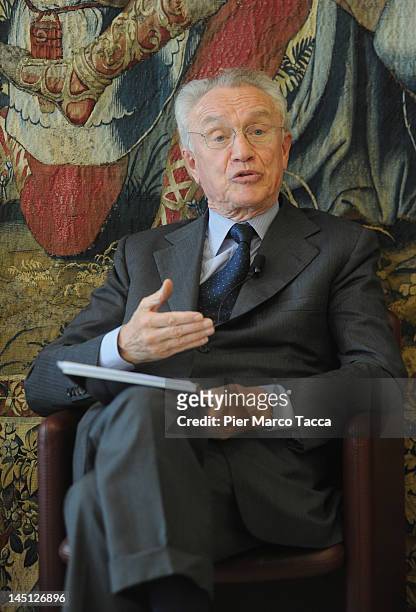 Giovanni Bazoli attends the "I Luoghi del Cuore" press conference on May 23, 2012 in Milan, Italy. "I Luoghi del Cuore" or "Places of the Heart" is a...