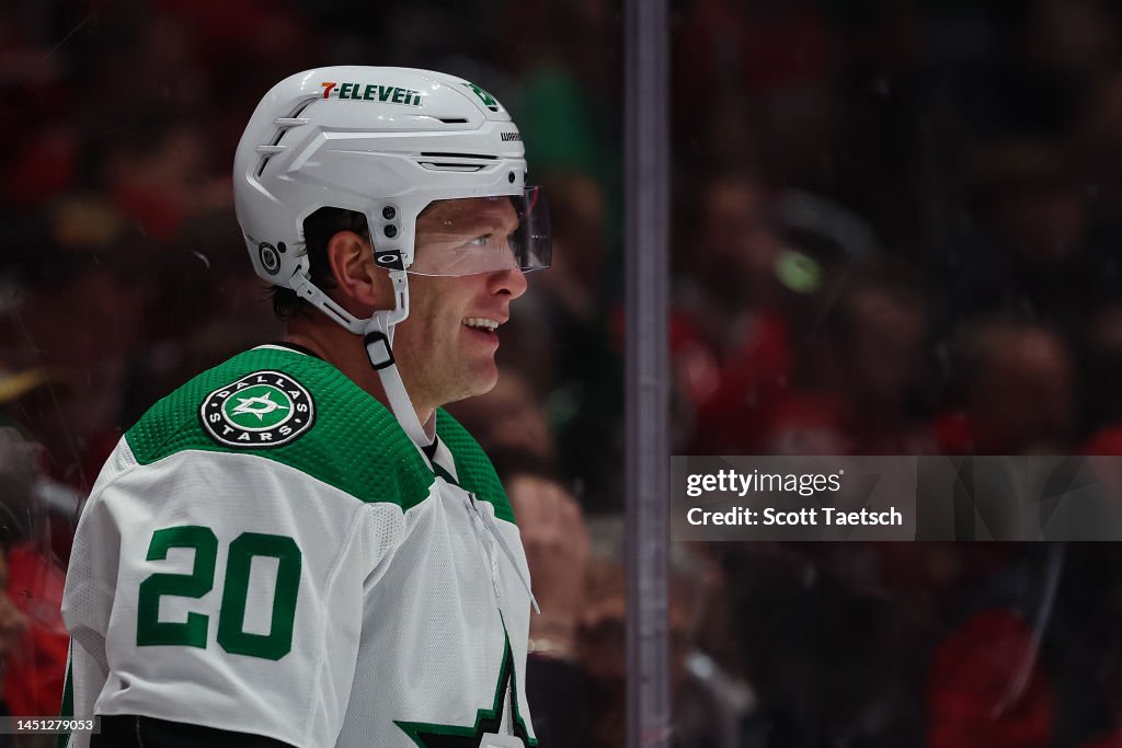 Ryan Suter of the Dallas Stars reacts during the first period of the ...