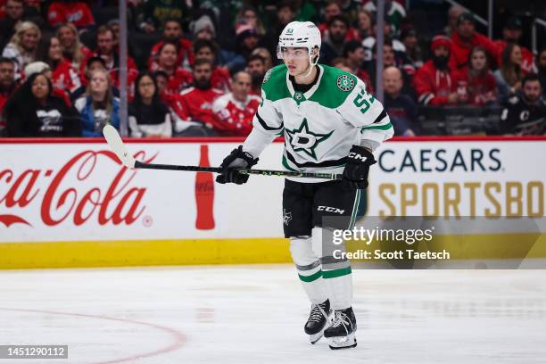 Wyatt Johnston of the Dallas Stars in action against the Washington Capitals during the third period of the game at Capital One Arena on December 15,...