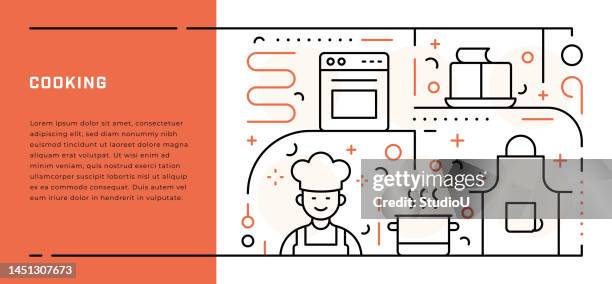 cooking web banner template with thin line illustrations - making lunch stock illustrations