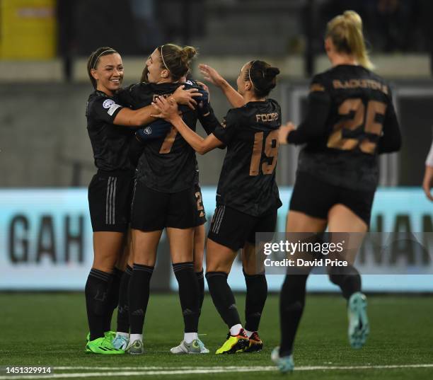 Frida Maanum is congratulated on scoring Arsenal's 1st goal with Katie McCabe and Steph Catley during the UEFA Women's Champions League group C match...