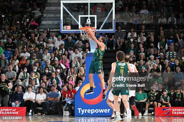 Jack McVeigh of the Jackjumpers dunks the ball during the round 12 NBL match between Tasmania Jackjumpers and Illawarra Hawks at MyState Bank Arena,...