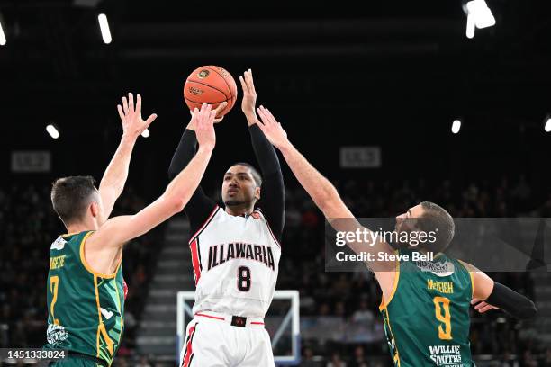 Peyton Siva of the Hawks shoots during the round 12 NBL match between Tasmania Jackjumpers and Illawarra Hawks at MyState Bank Arena, on December 22...