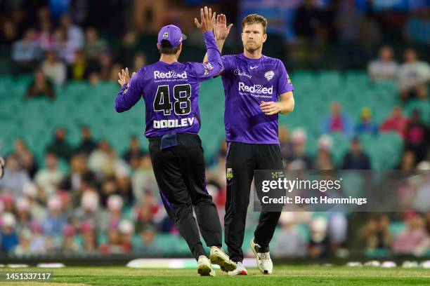 James Neesham of the Hurricanes celebrates with team mates after taking the wicket of Kurtis Patterson of the Sixers during the Men's Big Bash League...