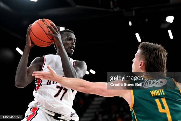 Deng Deng of the Hawks drives to the basket during the round 12 NBL match between Tasmania Jackjumpers and Illawarra Hawks at MyState Bank Arena, on...