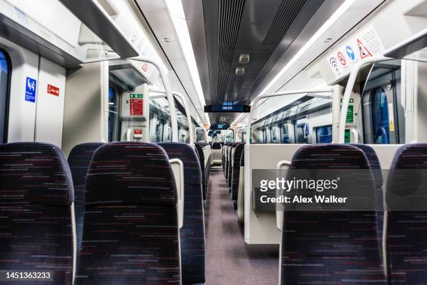 modern passenger train interior, uk - strike protest action stock pictures, royalty-free photos & images