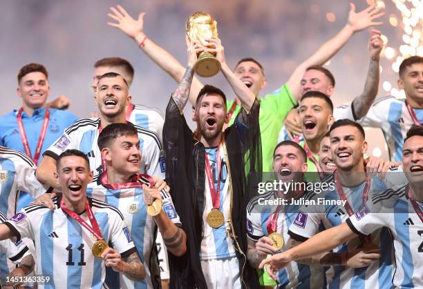 Lionel Messi of Argentina lifts the FIFA World Cup Qatar 2022 Winner's Trophy during the FIFA World Cup Qatar 2022 Final match between Argentina and...