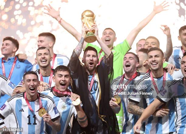 Lionel Messi of Argentina lifts the FIFA World Cup Qatar 2022 Winner's Trophy during the FIFA World Cup Qatar 2022 Final match between Argentina and...