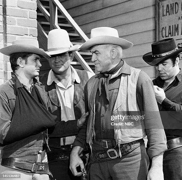 The Boss" Episode 33 -- Pictured: Michael Landon as Joseph 'Little Joe' Cartwright, Dan Blocker as Eric 'Hoss' Cartwright, Lorne Greene as Ben...