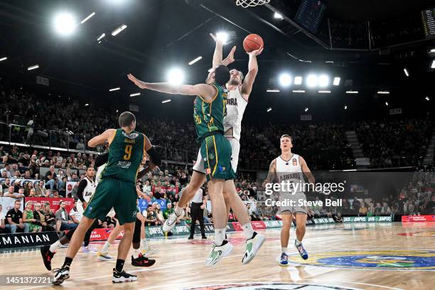 Sam Froling of the Hawks drives to the basket during the round 12 NBL match between Tasmania Jackjumpers and Illawarra Hawks at MyState Bank Arena,...
