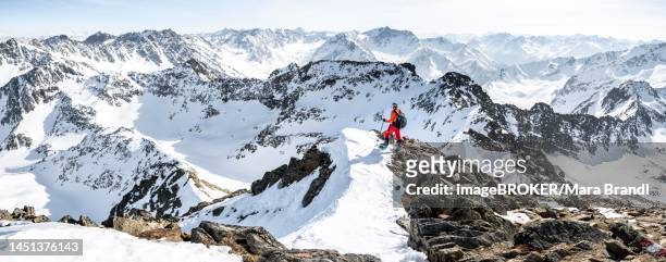 ski tourers at the summit of the sulzkogel, view of the peaks of the stubai alps and gamskogel, mountain panorama in winter, kuehtai, stubai alps, tyrol, austria - kühtai stock-fotos und bilder