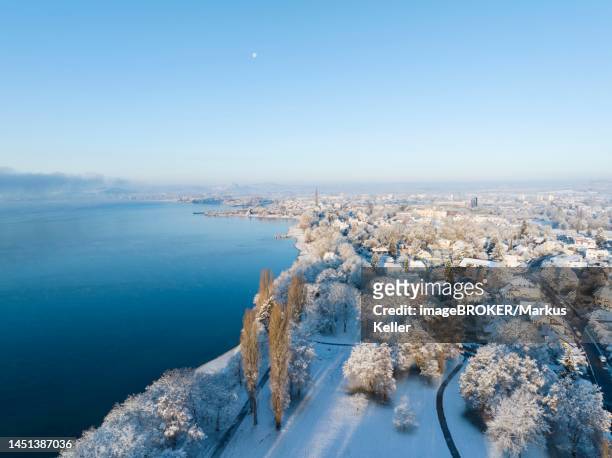 aerial view from mettnaupark to the town of radolfzell on lake constance in winter, on the horizon the hegauberge mountains, konstanz district, baden-wuerttemberg, germany - lake constance bildbanksfoton och bilder