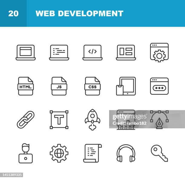 liniensymbole für die webentwicklung. bearbeitbarer kontur. pixel perfekt. für mobile und web. enthält symbole wie künstliche intelligenz, cloud computing, data science, datenbank, design, ingenieur, programmierung, seo, softwareentwicklung, webdesign. - webdesigner stock-grafiken, -clipart, -cartoons und -symbole