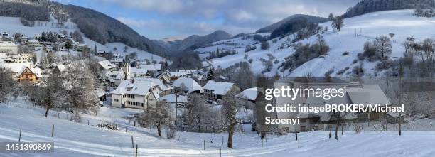 village panorama with church in winter, snow-covered, wisen, solothurn, switzerland - solothurn stockfoto's en -beelden