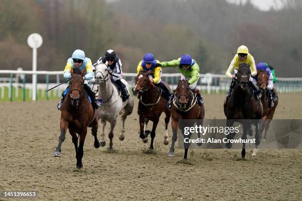 Jack Mitchell riding Nazymbek win The talkSPORT Download The App Novice Stakes at Lingfield Park on December 22, 2022 in Lingfield, England.