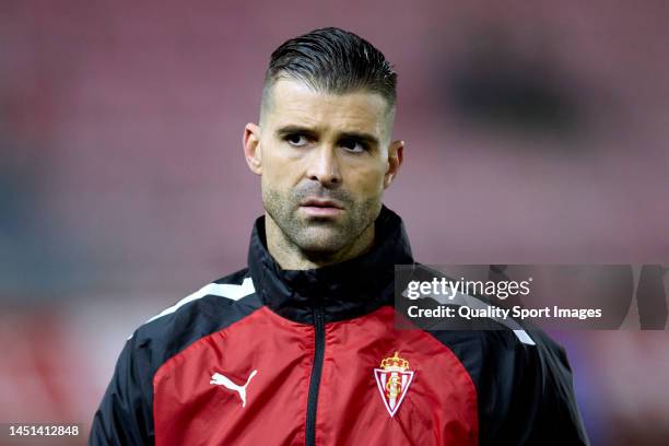 Ivan Cuellar of Real Sporting looks on before the Copa del Rey second round match between CD Numancia and Real Sporting at Nuevo Estadio Los...