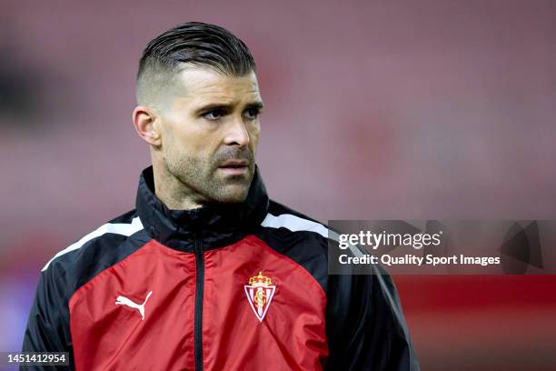 Ivan Cuellar of Real Sporting looks on before the Copa del Rey second round match between CD Numancia and Real Sporting at Nuevo Estadio Los...