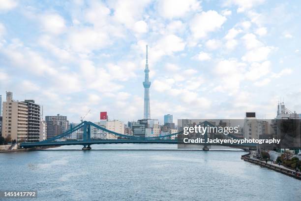 tokyo cityscape over the sumida river with tokyo sky tree and kiyosu bridge, tokyo, japan. - sumidafloden bildbanksfoton och bilder