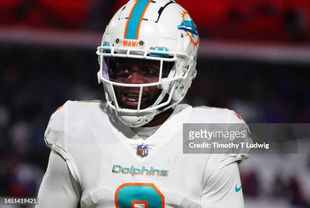 Noah Igbinoghene of the Miami Dolphins on the field before a game against the Buffalo Bills at Highmark Stadium on December 17, 2022 in Orchard Park,...