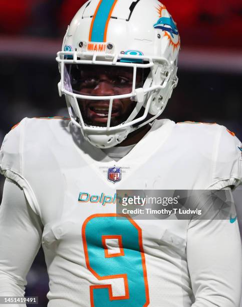 Noah Igbinoghene of the Miami Dolphins on the field before a game against the Buffalo Bills at Highmark Stadium on December 17, 2022 in Orchard Park,...