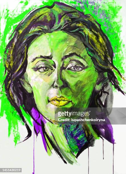 illustration oil painting portrait of woman with long hair on a background in green  tones - emotional intelligence stock illustrations