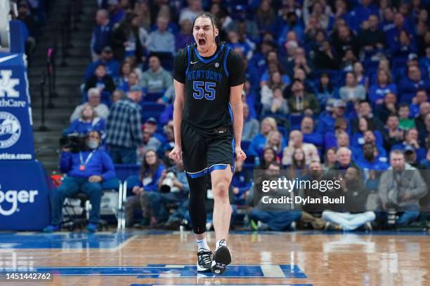 Lance Ware of the Kentucky Wildcats reacts in the first half against the Florida A&M Rattlers at Rupp Arena on December 21, 2022 in Lexington,...