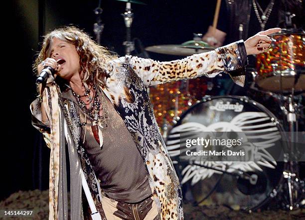 Singer Steven Tyler of Aerosmith performs onstage during Fox's "American Idol 2012" results show at Nokia Theatre L.A. Live on May 23, 2012 in Los...