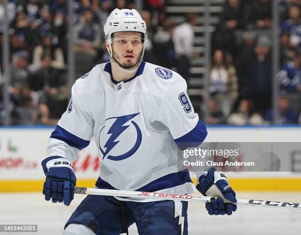 Mikhail Sergachev of the Tampa Bay Lightning skates against the Toronto Maple Leafs during an NHL game at Scotiabank Arena on December 20, 2022 in...