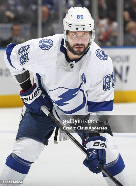 Nikita Kucherov of the Tampa Bay Lightning waits for a faceoff against the Toronto Maple Leafs during an NHL game at Scotiabank Arena on December 20,...