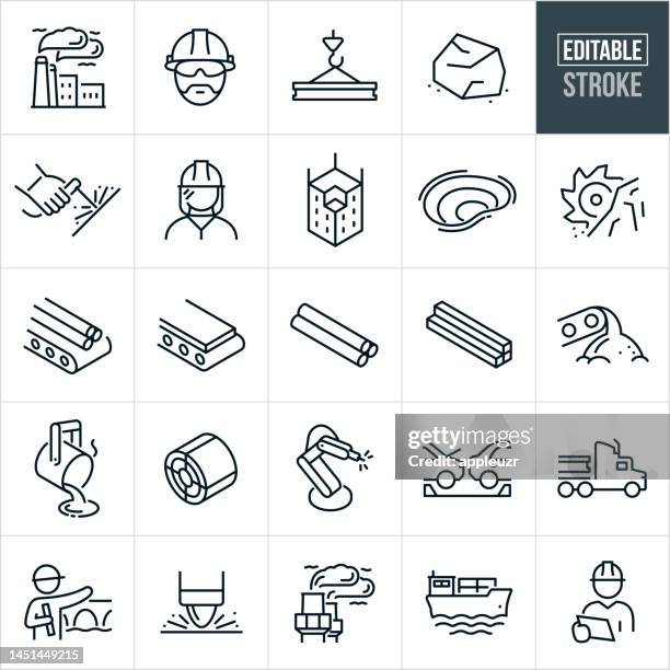 steel industry thin line icons - editable stroke - icons include steel, steel mill, steelmaking, steel production, steel worker, welding, iron ore, mining - metall stock illustrations