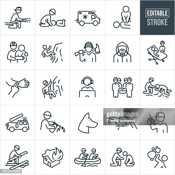 ilustrações de stock, clip art, desenhos animados e ícones de rescue workers thin line icons - editable stroke - icons include accidents and disasters, emergency response, emergency response workers, rescue, rescue workers, search and rescue - accidents and disasters