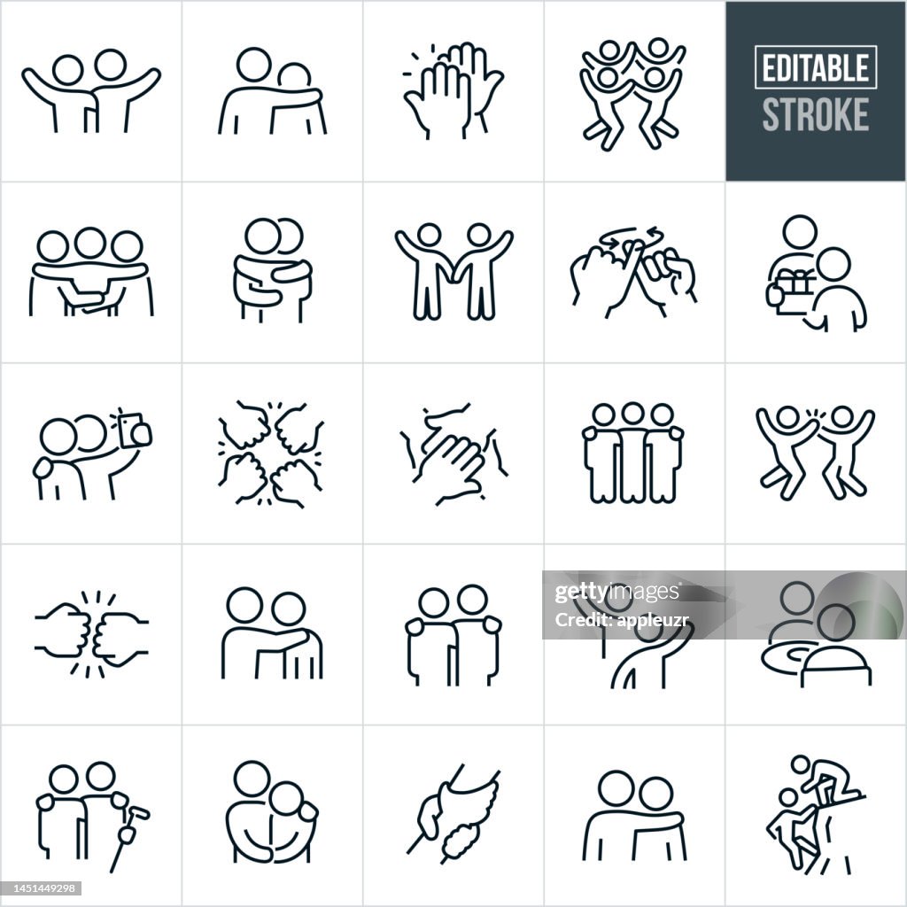 Friends Thin Line Icons - Editable Stroke - Icons Include Friends, Best Friends, Friendships, Relationships, Arm Around Shoulder, Consoling, Support, Bonding