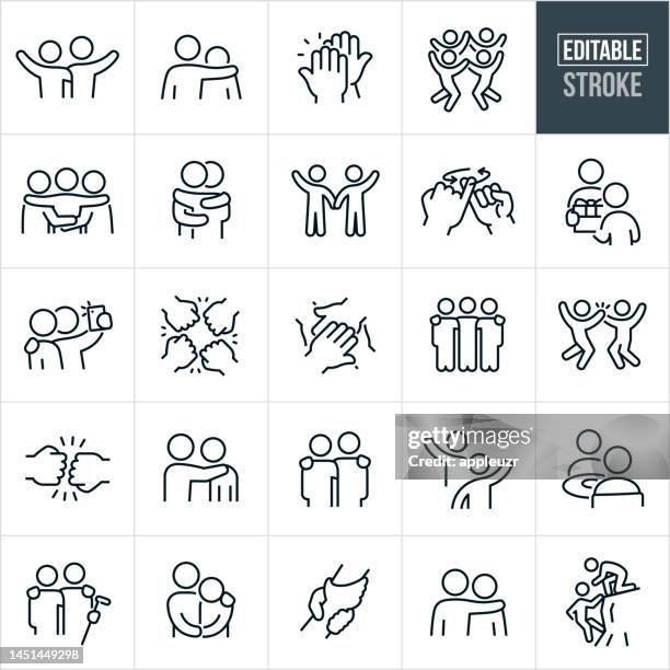 friends thin line icons - editable stroke - icons include friends, best friends, friendships, relationships, arm around shoulder, consoling, support, bonding - waving stock illustrations