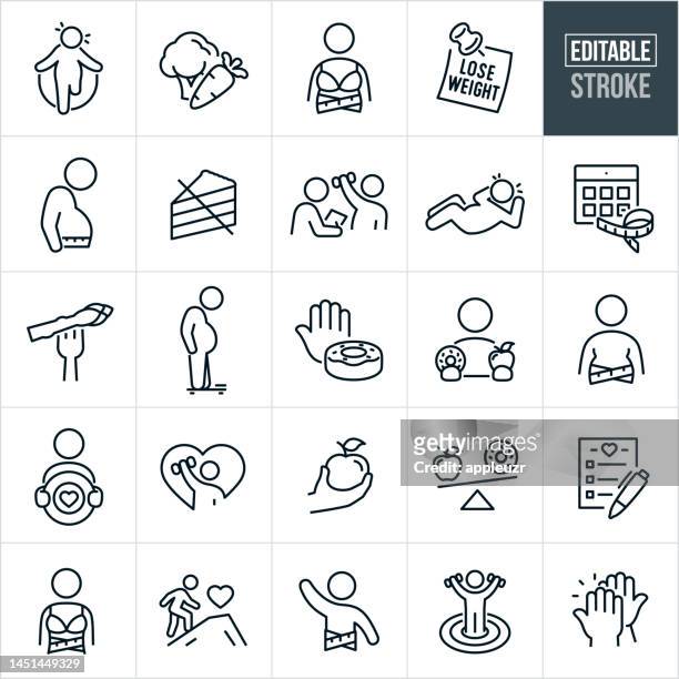 stockillustraties, clipart, cartoons en iconen met dieting thin line icons - editable stroke - icons include dieting, weight loss, losing weight, overweight, overweight person, healthy lifestyle, healthy eating, exercise - dieet