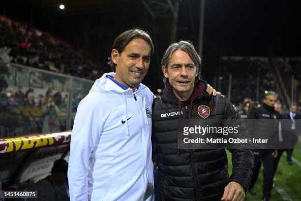 Head coach of FC Internazionale Simone Inzaghi embrace head coach of Reggina Filippo Inzaghi before the friendly match between Reggina and FC...