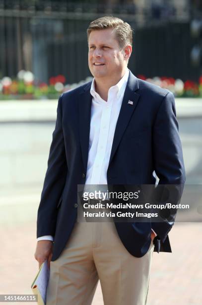 Rep. Geoff Diehl, who is running for U.S. Senate, arrives for a news conference about reducing sales tax outside of the State House, Tuesday,...