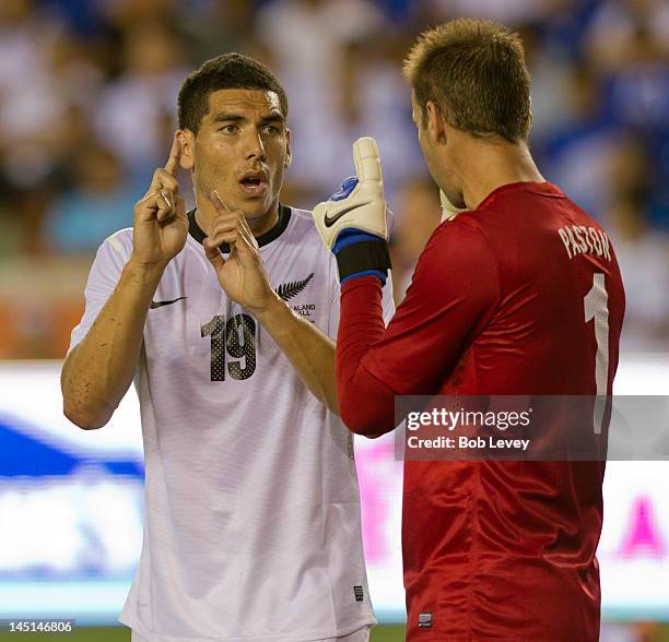 Goalkeeper Mark Paston of New Zealand gives Michael Boxall instructions in the first half against El Salvador at BBVA Compass Stadium on May 23, 2012...