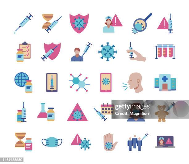 ilustraciones, imágenes clip art, dibujos animados e iconos de stock de conjunto de iconos planos de vacunación de inmunidad - certificado de inmunización