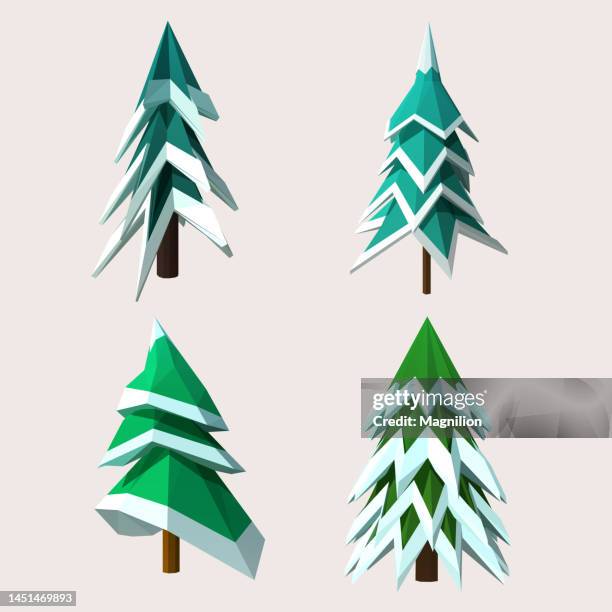 stockillustraties, clipart, cartoons en iconen met winter christmas trees with snow low poly set - polygon illustration christmas