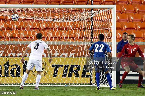 Goalkeeper Mark Paston of New Zealand watches as he ball hits the back of the net in the second half on a shot by Rafael Edgardo Burgos of El...