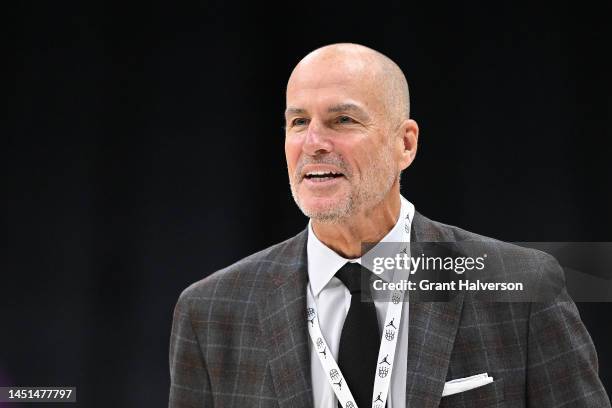 Personality Jay Bilas is seen during the game between the North Carolina Tar Heels and the Michigan Wolverines at Spectrum Center on December 21,...