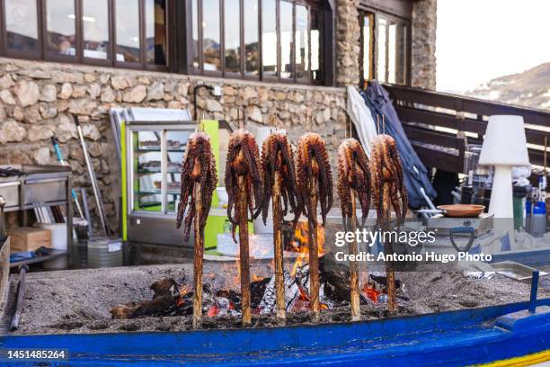 octopuses skewered on a stick on a boat. cooking on the grill. typical espeto style of the coast of malaga and granada. - salobreña stock pictures, royalty-free photos & images