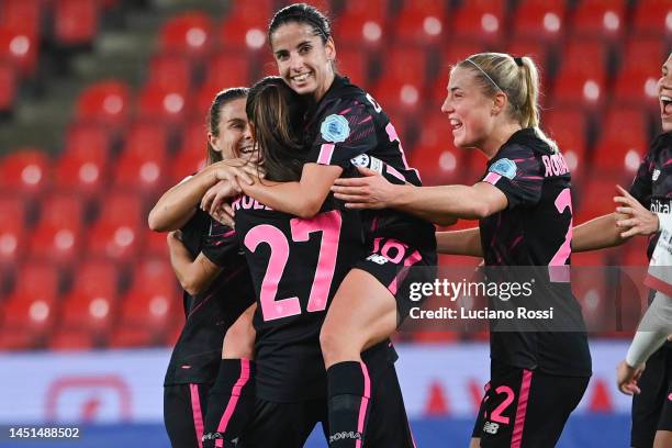 Roma players celebrate during the UEFA Women's Champions League group B match between Slavia Praha and AS Roma at Eden Arena on December 22, 2022 in...