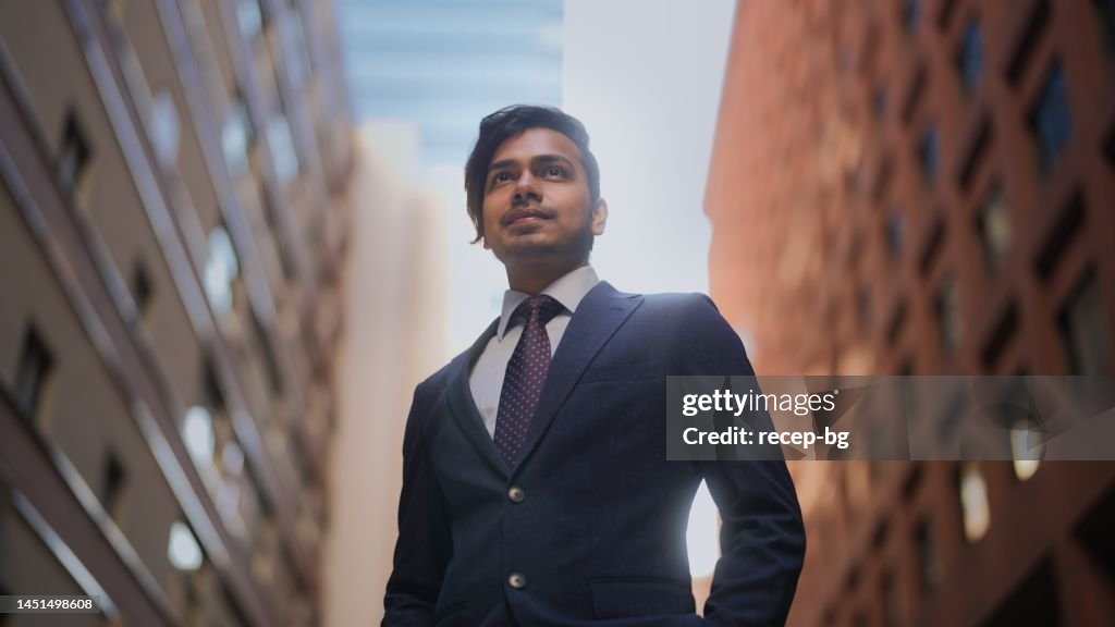 Portrait of handsome Indian businessman in city