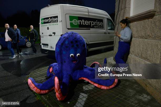Stuffed octopus encourages the fans before the soccer match between Club Deportivo Arenteiro and Atletico Madrid on December 22 in Carballino,...