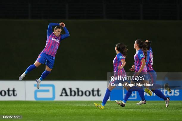 Megi Doci of FK Vllaznia celebrates scoring her sides first goal during the UEFA Women's Champions League group A match between Real Madrid and FK...